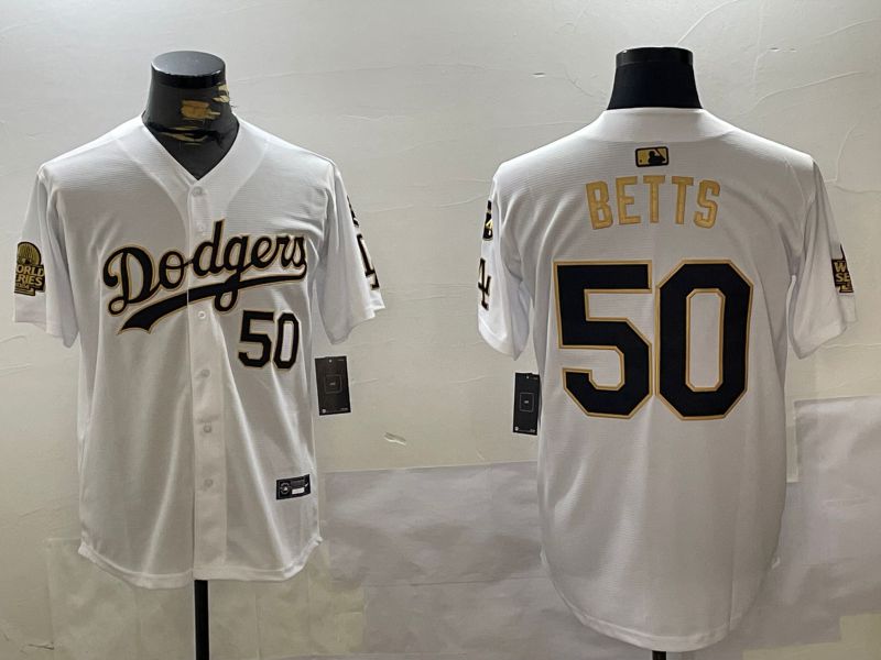 Men Los Angeles Dodgers #50 Betts White Gold Game 2024 Nike MLB Jersey style 1